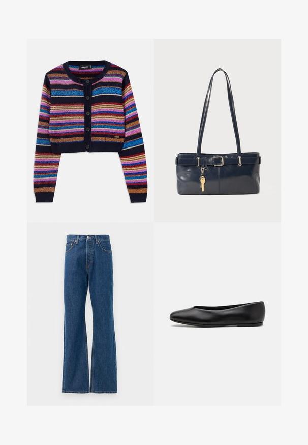 Cardigan court rayé en bleu foncé, avec de vives rayures multicolores scintillantes, des poignets côtelés et une fermeture à cinq boutons à l'avant.; Chemise à rayures avec une base blanche, présentant des lignes multicolores étroites en bleu, orange et vert. Manches longues et col classique.; Jean flare en denim bleu avec taille haute, comportant cinq poches, une fermeture à bouton en métal argenté et des accents de couture visibles.; Paul Smith TOPANGA - Ballerines - black; Sac à main en cuir bleu marine avec deux longues poignées, un détail de boucle et un porte-clés accroché. Il présente une texture lisse et une forme rectangulaire.