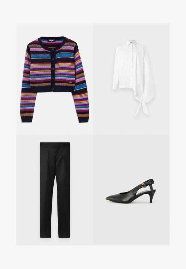 Gestreepte cropped cardigan in donkerblauw, met levendige kleurrijke sprankelende strepen, ribgebreide manchetten en een sluiting met vijf knopen aan de voorkant.; Witte lange mouw knoopshirt met een asymmetrische oversized geplooide mouw, vastgebonden bij de pols aan de rechterkant.; Zwarte broek van soepele stof, met een nauwsluitend ontwerp, rechte benen en een platte tailleband zonder zichtbare sluitingen of zakken.; Zwarte leren slingback pump met een puntige neus, kleine hak en een gesp detail op de enkelband. Glad textuur, minimalistisch ontwerp.