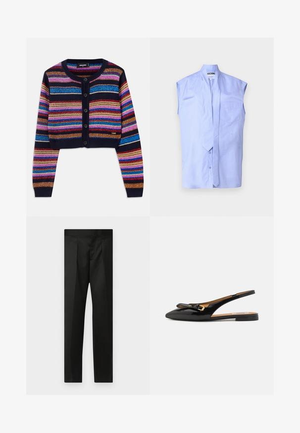 Rāvējamā brīvo apģērbu jaciņa tumši zilā krāsā ar dzīvām daudzkrāsainām mirdzošām svītrām, ribotām piedurknēm un piecu pogu priekšējo aizdari.; Gaiši zils bezpiedurkņu krekls ar paceltu apkakli, priekšējo pogu aizdari un vienu krūšu kabatu. Izgatavots no gludas kokvilnas auduma.; Melnas bikses ar gludu audumu, pielāgotu dizainu, taisnām kājām un platu jostu bez redzamām aizdaram vai kabatām.; Melna lakota ādas plakanā kurpe ar norādītu purngalu, smalku loku akcentu un zelta krāsas aparatūru uz siksniņas.