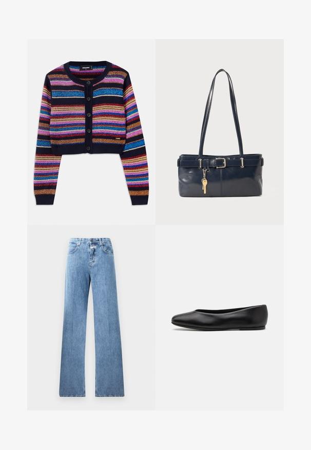 Stribet cropped cardigan i mørkeblå med livlige, multicolore glitrende striber, ribbede manchetter og fem knaplukning foran.; Kortærmet T-shirt i bomuld med rund hals, med sorte lodrette striber på en hvid baggrund og lige snit design.; Lyseblå denim jeans med vid ben-design, fem lommer, bæltestropper og knaplukning. Stofmaterialet har en glat tekstur.; Paul Smith TOPANGA - Ballerinasko - black; Mørkeblå læderhåndtaske med to lange håndtag, en spænde detaljer og en nøglering vedhæftet. Den har en glat tekstur og en rektangulær form.
