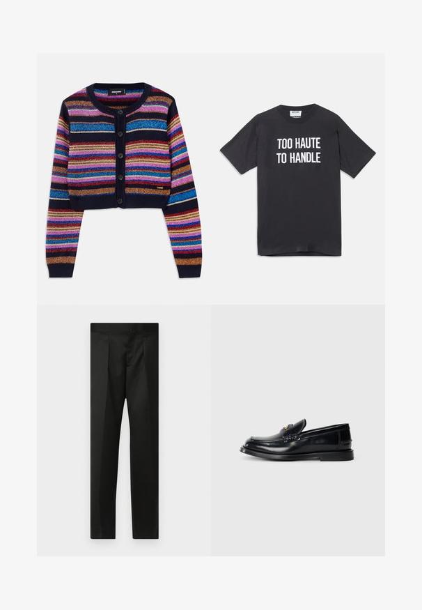 Cardigan scurt cu dungi de culoare albastră închisă, având dungi strălucitoare multicolore, manșete cu model în relief și închidere cu cinci nasturi.; Tricou din bumbac negru cu mâneci scurte și guler rotund, având text alb care spune "PREA HOT PENTRU A FI MANEVRAT" pe față.; Pantaloni negri cu un material neted, design croit, picioare drepte și un talie plată fără închideri sau buzunare vizibile.; Mocasin din piele neagră cu un design cusut, o mică clapă frontală și o talpă plată din cauciuc. Textură netedă cu accente din metal aurit.