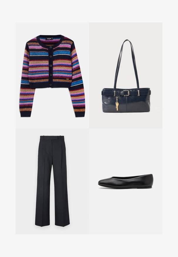 Striped cropped cardigan in dark blue, featuring vibrant multicolored sparkling stripes, ribbed cuffs, and five button front closure.; Black short-sleeve t-shirt made of cotton, featuring a crew neckline and a small logo on the left chest. Smooth texture and relaxed fit.; Dark blue pinstriped trousers with a high waist, wide leg design, and no visible hardware or embellishments. Smooth texture and tailored fit.; Paul Smith TOPANGA - Ballet pumps - black; Navy leather handbag with two long handles, a buckle detail, and a keychain attached. Features a smooth texture and a rectangular shape.
