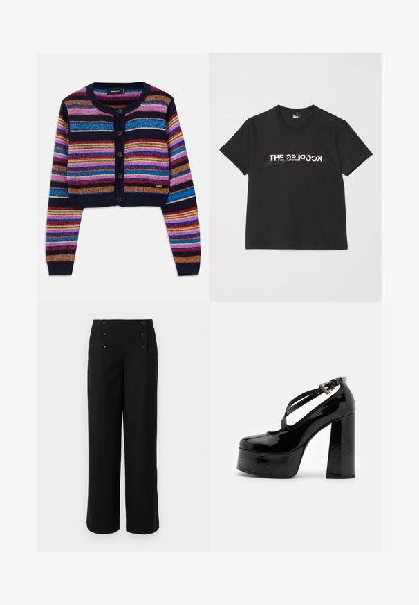 Striped cropped cardigan in dark blue, featuring vibrant multicolored sparkling stripes, ribbed cuffs, and five button front closure.; Black cotton t-shirt with short sleeves, featuring a printed white and gray "THE 2LOOK" design across the front. Classic crew neck.; Black wide-leg trousers made of smooth fabric, featuring a high waist and five front buttons for closure. Elegant, tailored design.; The Kooples CHAUSSURES - High heels - black