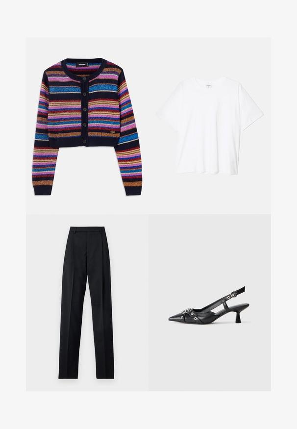 Cardigan scurt cu dungi de culoare albastră închisă, având dungi strălucitoare multicolore, manșete cu model în relief și închidere cu cinci nasturi.; Tricou alb din bumbac, cu mâneci scurte, guler rotund, croi lejer și tiv cusut. Eticheta este vizibilă pe interiorul gulerului.; Pantaloni negri dintr-un material neted, cu talie înaltă, picioare largi, pliuri frontale și loop-uri clasice pentru curea. Fără buzunare laterale vizibile.; Pantofii slingback din piele neagră, cu vârful ascuțit, curele decorative cu ochiuri din metal și toc bloc mic. Suprafață texturată.