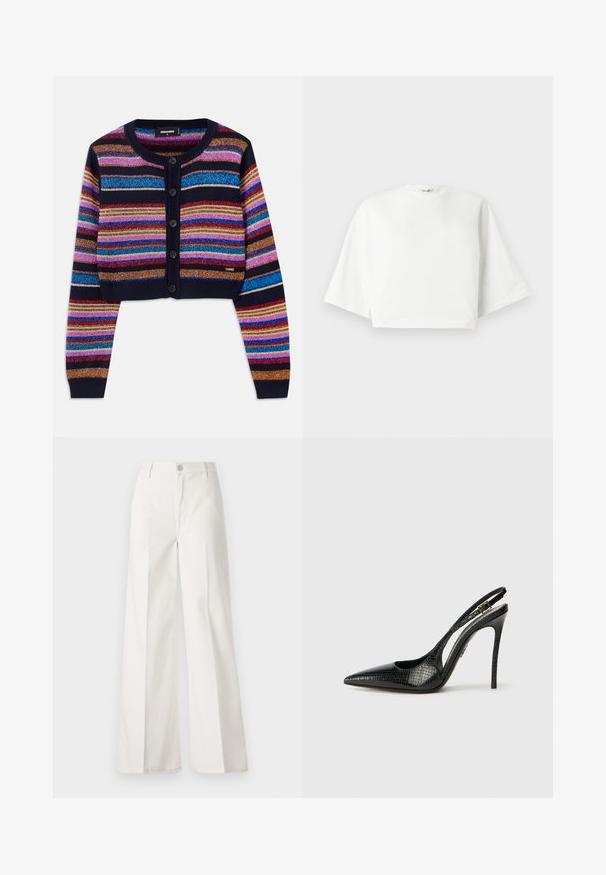 Striped cropped cardigan in dark blue, featuring vibrant multicolored sparkling stripes, ribbed cuffs, and five button front closure.; White cropped t-shirt with relaxed fit, short wide sleeves, round neckline, and side slits, made from soft cotton material.; White wide-leg trousers made from cotton with a smooth texture. Features a front button, zipper fly, and four-pocket design.; Black slingback pump with a pointed toe, textured snake pattern, stiletto heel, and a decorative buckle on the strap.