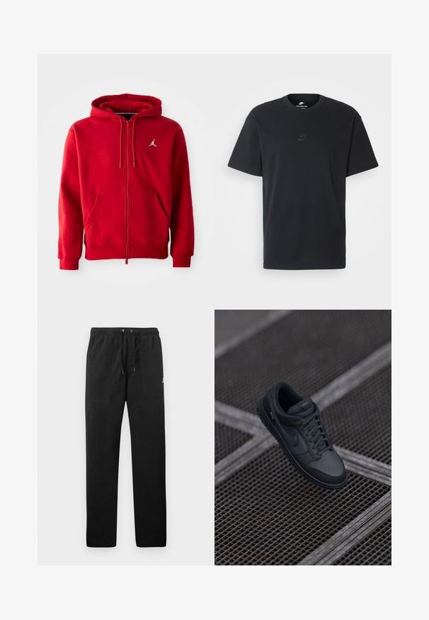 raudonas zip-up gobtuvu megztinis, pagamintas iš medvilnės ir sintetinių pluoštų mišinio, turintis kengūros kišenę ir baltą logotipą ant krūtinės, su raišteliais ant gobtuvo.; Juodas medvilninis Nike marškinėliai su klasikinėmis apykaklėmis, trumpomis rankovėmis ir subtiliu, įspaustu logotipu ant krūtinės. Sklandus tekstūra.; Juodos vilnonės kelnės su elastiniu juosmeniu ir raišteliais, dviem priekinėmis kišenėmis ir maža slogo ant šlaunies.; Juodas oda Nike sportbačiai su apvaliu pirštu, perforuota priekiu ir tekstūruota guma. Įtraukiami raišteliai ir subtilus prekės ženklas.
