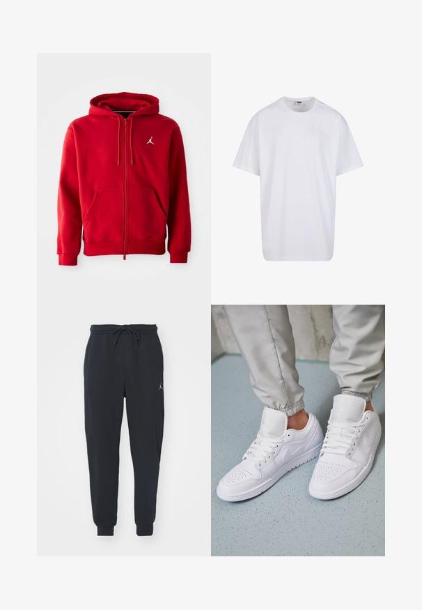 Felpa rossa con zip in materiale misto cotone, dotata di tasca a marsupio e logo bianco sul petto, con cordini sul cappuccio.; Maglietta bianca in cotone con maniche corte, scollatura rotonda, vestibilità comoda e senza loghi o motivi visibili. Texture liscia e design minimale.; Pantaloni jogger neri realizzati in tessuto morbido, dotati di una vita elastica con coulisse, polsini a costine e un piccolo logo sulla coscia sinistra.; Le sneakers in pelle bianca presentano una punta forata, stringhe piatte, colletto imbottito e il logo Jordan sulla linguetta. Indossate con pantaloni jogger grigi.