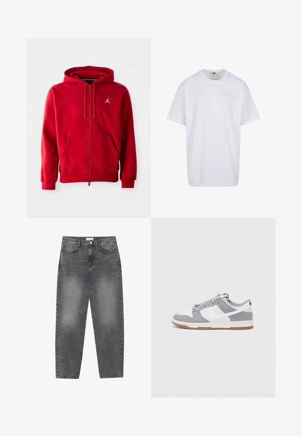 Piros, cipzáros kapucnis pulóver, pamut-nylon keverék anyagból készült, elöl kenguruzsebes, a mellrészen fehér logóval, kapucniján zsinórral.; Fehér pamut póló rövid ujjal, kerek nyakú, laza szabású, és nincsenek látható logók vagy minták. Simább textúra és minimalista dizájn.; Magasan szabott, bővebb szabású farmernadrág fakó fekete denim anyagban. Öt zsebbel, övhurkokkal és tiszta, egyenes lábszár dizájnnal rendelkezik.; Szürke és fehér sportcipő, velúr és bőr felsőrésszel, kerek orral, lapos fűzőkkel és gumitalppal, amelyen rágógumi színű díszítés található.