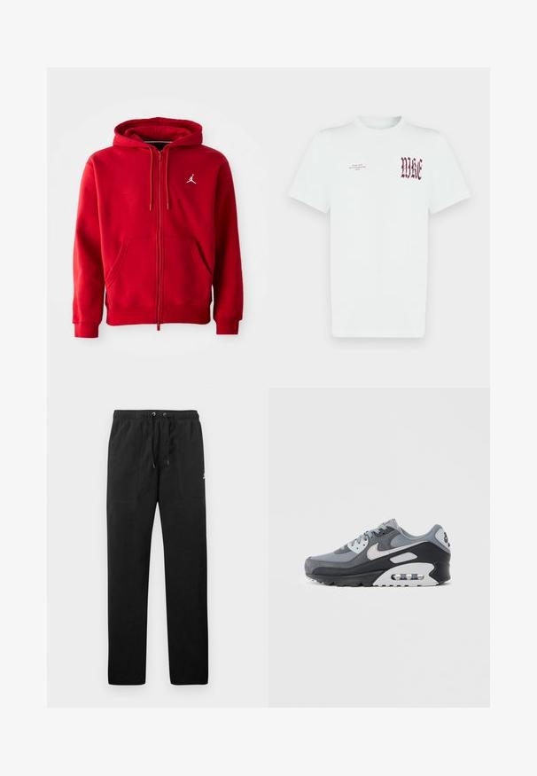 Rdeča zip-up kapuca iz mešanice bombaža, s kenguru žepom in belim logotipom na prsih, ter s trakovi na kapuci.; Bela bombažna majica s kratkimi rokavi z rdečim napisom in grafiko "NIKE" na levi strani prsi. Kratki rokavi in ovratnik okrog vratu, gladka tekstura.; Črne trenirke iz flisa, z elastičnim pasom in vrvico, dvema sprednjima žepoma ter majhnim logotipom na stegnu.; Siva superga z mešanico mrežaste in antilop materiala, s črnim podplatom in vidno zračno enoto. Izstopajo svetlo sive poudarki in vezalke.