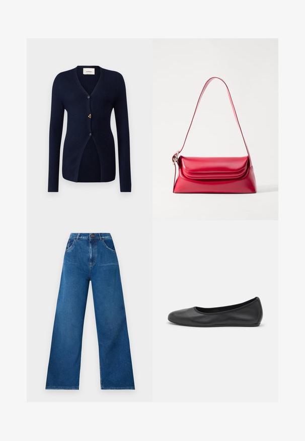 Laivastonsininen ribatoitu neulecardigan, jossa on V-kaulus, pitkät hihat, yksi nappisulku ja kolmiomainen kultainen korostus aukon lähellä.; Valkoinen pitkähihainen kauluspaita, joka on valmistettu puuvillasta. Paidassa on napitettava etuosuus ja yksi rintatasku. Pehmeä pinta, rento malli.; Jortsit leveällä lahkeella tummansinisestä denimistä, korkealla vyötäröllä, etu- ja takataskuilla sekä kontrastivärisillä ompeluilla.; Musta nahkainen ballerina, jossa on pyöristetty kärki, sileä pinta, minimaalinen ommelkoristelu ja joustava pohjamuotoilu.; Punttokko punainen nahkakäsilaukku, jossa on rakenteellinen muoto, sileä pinta ja yksi säädettävä hihna. Varustettu pyöreällä läppäkiinnityksellä.