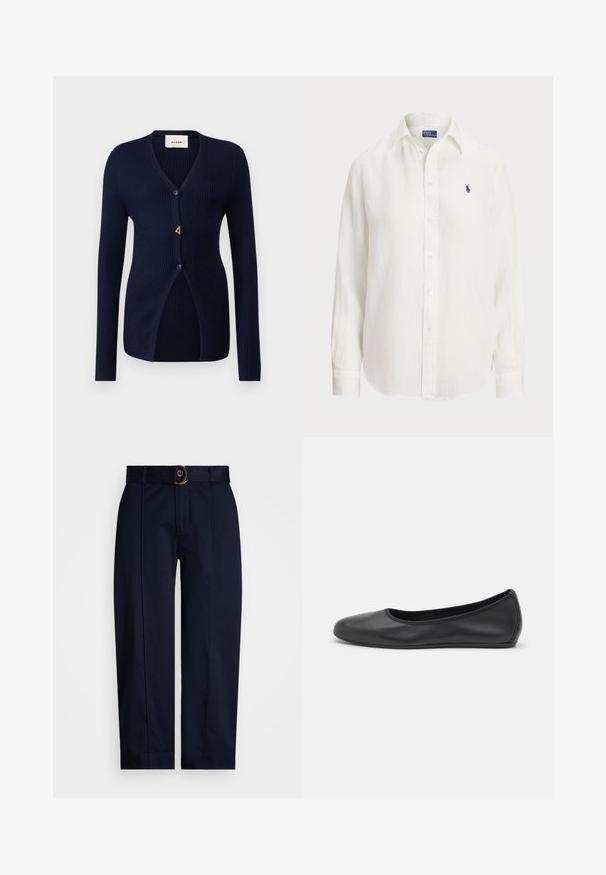 Mørkeblå ribbestrikket cardigan med V-hals, lange ermer, enkel knappelukking og en trekantet gullaccent nær åpningen.; Hvit linskjorte med lange ermer, knapp- ned-krage og knapper foran. Har en liten blå brodert logo på brystet.; Marine bukser med vævet talje og en guldring spænde, med en lige ben-udskæring og pressefurer langs fronten.; Svart skinnballettflatt med rund tå, glatt tekstur, minimal sømdetalj, og et fleksibelt såledesign.