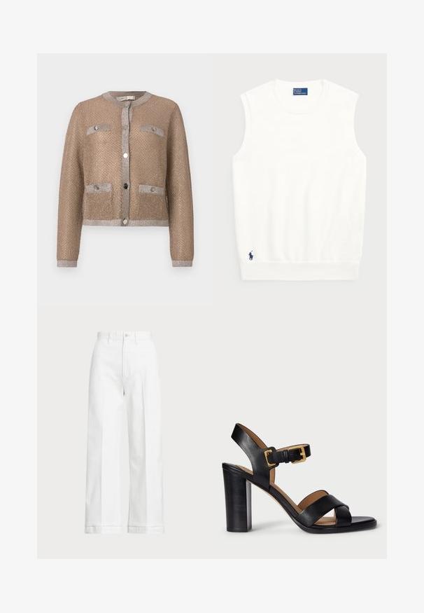 Bež kardigan skraćenog kroja od teksturiranog materijala s metalnim sjajem, s, srebrnim detaljima, dva prednja džepa i kopčanje dugmetom.; Bijela bezrukavna majica izrađena od glatkog pamuka, s rebrastim donjim rubom i malim mornarsko plavim logotipom na donjoj lijevoj strani. Jednostavan dizajn, bez uzoraka.; Bijele široke hlače s visokim strukom, s kopčanjem na dugme i suptilnim detaljima šivanja. Izrađene su od pamuka s glatkom teksturom.; Crne kožne sandale s potpeticom s dizajnom s križanjem trakama i kopčanjem. Imaju debelu potpeticu i glatku teksturu.
