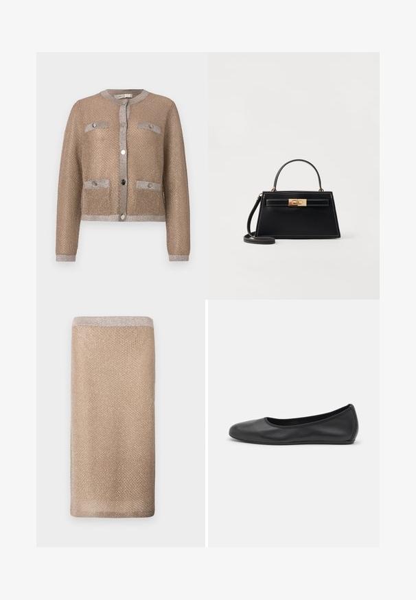 Beige lyhyt neuletakki, joka on valmistettu teksturoituneesta kankaasta ja metallinhohtoisesta materiaalista, jossa on hopeisia yksityiskohtia, kaksi etutaskua ja nappikiinnitys.; Valkoinen lyhythihainen t-paita, joka on valmistettu ribbytedusta kankaasta. Pyöreä pääntiie, normaali istuvuus ja hienovaraiset ompeluyksityiskohdat. Ei kuvioita tai grafiikkaa.; Beige neulehuivi, jossa on hienovarainen kiilto, teksturoitu pinta ja vaaleampi reunus yläreunassa. Suorakulmainen muoto.; Musta nahkainen ballerina, jossa on pyöristetty kärki, sileä pinta, minimaalinen ommelkoristelu ja joustava pohjamuotoilu.; Musta nahkalaukku, jossa on jäsennelty trapetsin muotoinen rakenne, kultaiset kiinnitysnauhat ja erottuva valkoinen ommel. Mukana on lyhyt kahva ja pitkä hihna.