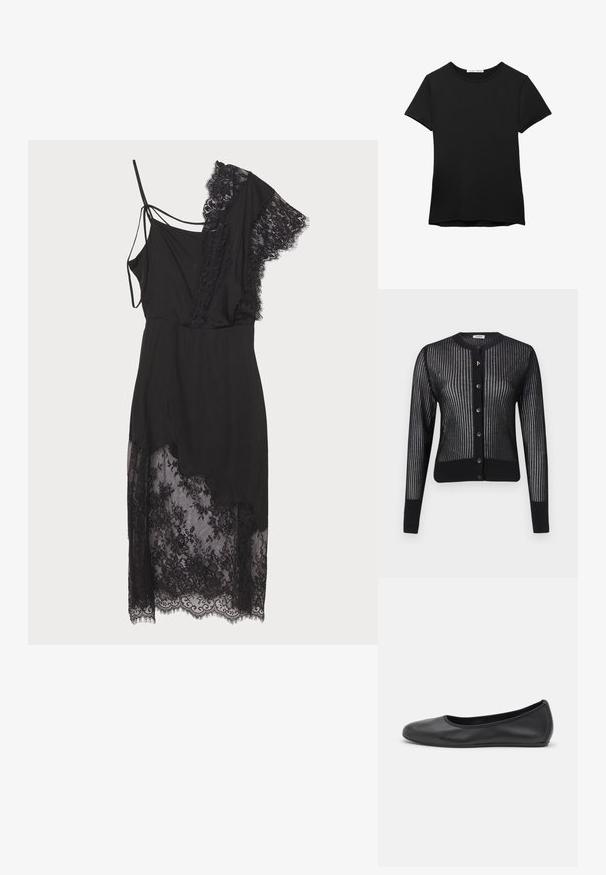 Mustaharja musta neulecardigan, jossa on viiru- eli ribbikuvio, pyöreä kaula-auko, nappikiinnitys ja hienovarainen tekstuuri. Kultainen yksityiskohta nappien lähellä.; Mustat lyhythihaiset t-paidat, jotka on valmistettu sileästä kankaasta. Tämä t-paita on varustettu pyöreällä kaula-aukolla ja rentoa istuvuutta tarjoavalla suoraan leikatulla helman muodolla.; MUNTHE SAHAN - Juhlamekko - black; Musta nahkainen ballerina, jossa on pyöristetty kärki, sileä pinta, minimaalinen ommelkoristelu ja joustava pohjamuotoilu.; Musta käsilaukku, joka on valmistettu teksturoidusta nahasta ja jolla on pyöreä muoto. Sisältää ohuen olkahihnan ja koristeellisia kohokuvioituja kuvioita.