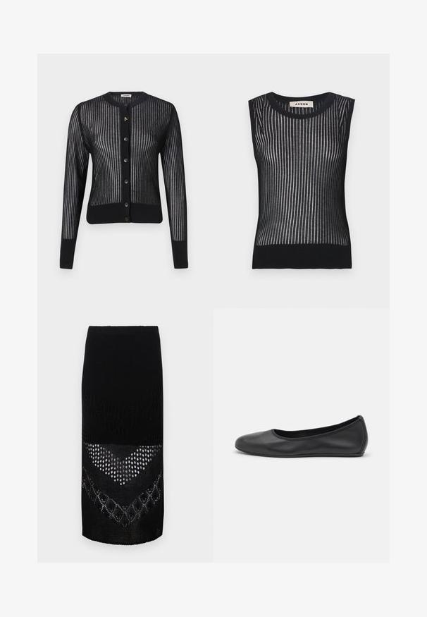 Mustaharja musta neulecardigan, jossa on viiru- eli ribbikuvio, pyöreä kaula-auko, nappikiinnitys ja hienovarainen tekstuuri. Kultainen yksityiskohta nappien lähellä.; Musta ilmanhihaista neulepaitaa, jossa on pystysuoria raitoja ja puolitransparentti rakenne. Valmistettu pehmeästä, joustavasta materiaalista, joka muotoilee vartalon.; Mustakudottu hame, jossa on teksturoitu muotoilu vaihtelevilla kuvioilla, mukaan lukien avonaiset kudontakohdat ja kiinteät osat, ulottuen juuri polvien ylle.; Musta nahkainen ballerina, jossa on pyöristetty kärki, sileä pinta, minimaalinen ommelkoristelu ja joustava pohjamuotoilu.