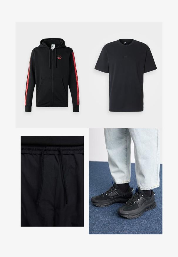 Melna Nike kapuce ar rāvējslēdzi, ar aukliņu, priekšējām kabatām un sarkaniem svītrām ar baltām Nike logo gar piedurknēm.; Nike melns kokvilnas T-krekls ar klasisku piegriezumu, īsām piedurknēm un smalku, reljefu logotipu uz krūškurvja. Gluda tekstūra.; Melni šorti ar sašūtu jostu, viegls audums ar gludu tekstūru un vienkāršs dizains bez redzamiem logotipiem vai paraugiem.; Melni sporta apavi ar strukturētu audumu un gumijas zoli, ar elastīgām auklām un zilu akcentu uz papēža. Nēsāti ar gaišām džinsu biksēm.