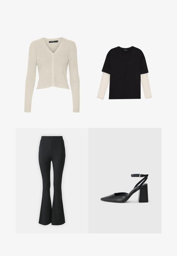 Bež kardigan s rebrastim vzorcem in V-izrezom, zaprt na šest gumbov. Ima dolge rokave in skrajšan rob. Gladka tekstura, lahkotno blago.; Črna majica iz bombaža s kratkimi rokavi, ki pokriva belo dolgi rokav z subtilnim teksturiranim vzorcem. Oblika izrezanega vratu.; Črne razširjene hlače, narejene iz raztegljive tkanine. Imajo visok pas in gladek, oprijet dizajn, ki se razširi od kolena navzdol.; Črne usnjene klasične čevlje z ostrim nosom, z zaponko za gleženj in debelim peto. Ravna tekstura, eleganten dizajn in minimalistična estetika.