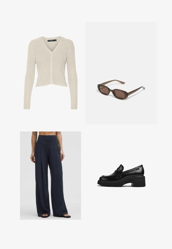 Bež kardigan s rebrastim vzorcem in V-izrezom, zaprt na šest gumbov. Ima dolge rokave in skrajšan rob. Gladka tekstura, lahkotno blago.; Bela majica bez rukavov z nastavljivimi naramnicami, prilegajoča zasnova, gladka tekstura tkanine in okrogli izrez. Brez vzorcev ali dodatkov.; Ženska stoji oblečena v temne, široke hlače z visokim pasom, ki jih kombinira s sandalami, kar prikazuje udoben in sproščen stil.; Črne usnjene molerke s debelim petom in širokim podplatom ter trakom čez zgornji del, prikazane s strani na beli podlagi.; Rjave ovalne sončne naočare s temnimi lečami. Obloge so narejene iz prozorne rjave materiale in imajo na templjih natisnjeno logo.; Tkanina bež torba z naborjanjem in enim naramnim trakom. Ima teksturiran vzorec po celotni površini.