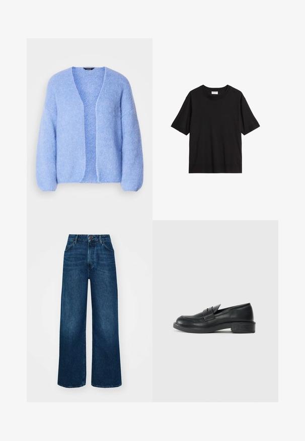 Lindex VANESSA - Gilet - light blue; T-shirt noir à manches courtes avec un design classique à col rond, fabriqué à partir d'un tissu doux, présentant une coupe décontractée et un style minimal.; Jeans taille haute et à jambes larges en denim bleu foncé avec une texture lisse, des coutures contrastantes et un design à cinq poches. Fermeture à bouton à l'avant.; Mocassins en cuir noir avec un bout arrondi, des détails cousus et un petit talon. Texture lisse et semelle en caoutchouc flexible.