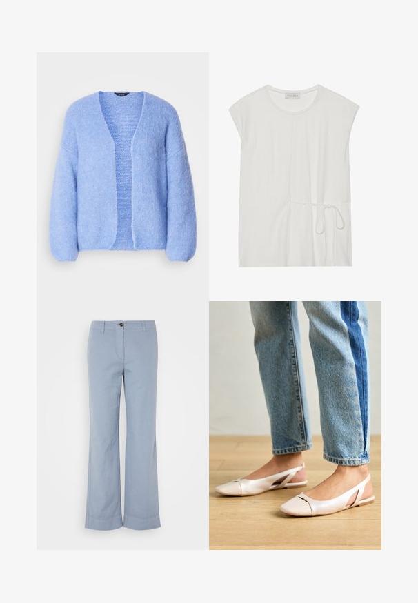 Lindex CARDIGAN VANESSA - Vest - light blue; Witte top met korte mouwen en een ronde halslijn, met een trekkoorddetail in de taille, gekenmerkt door een soepele, zachte textuur.; Lichtblauwe linnen broek met rechte pijpen, knoopsluiting en opgerolde zoom. Glad textuur, ontworpen voor casual gebruik.; Zachtroze slingback ballerina's met een spitse neus, gemaakt van een glad leerachtig materiaal. Bevat uitsnijdingen aan de zijkanten en heeft een platte hak.