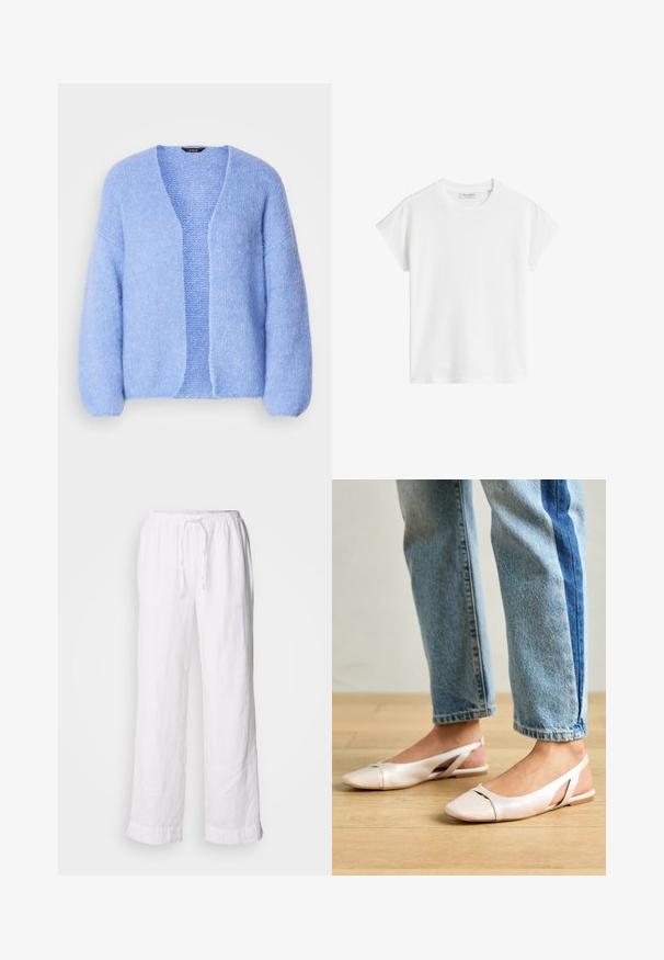 Lindex VANESSA - Vest - light blue; Witte korte mouwen t-shirt van katoen. Heeft een ontspannen pasvorm met een ronde hals en iets verlaagde schoudernaden. Geen patronen of accenten.; Witte linnen broeken met een losse pasvorm, elastische tailleband en trekkoord. Heeft rechte pijpen en opgerolde zoom voor een casual uitstraling.; Zachtroze slingback ballerina's met een spitse neus, gemaakt van een glad leerachtig materiaal. Bevat uitsnijdingen aan de zijkanten en heeft een platte hak.