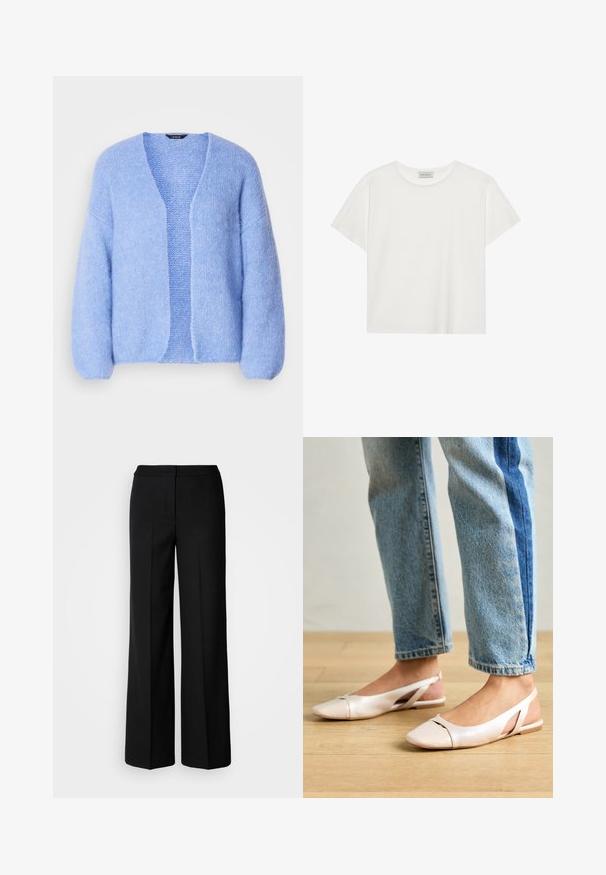 Lindex VANESSA - Vest - light blue; Witte T-shirt met korte mouwen, gemaakt van zachte katoen. Heeft een ronde halslijn en een relaxte pasvorm. Schoon ontwerp zonder zichtbare patronen of accenten.; Zwarte wijde broek van een gladde stof, met een hoge taille, nauwkeurig gestikte naden en een minimalistisch ontwerp. Geen zichtbare hardware of zakken.; Zachtroze slingback ballerina's met een spitse neus, gemaakt van een glad leerachtig materiaal. Bevat uitsnijdingen aan de zijkanten en heeft een platte hak.
