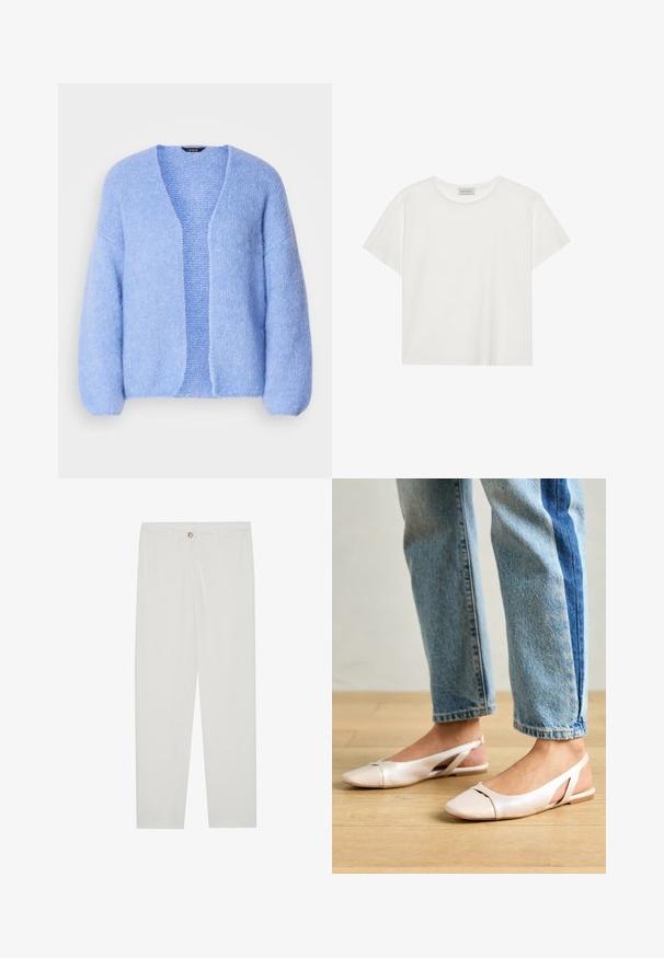 Lindex CARDIGAN VANESSA - Strickjacke - light blue; Weißes T-Shirt mit kurzen Ärmeln aus weicher Baumwolle. Verfügt über einen runden Halsausschnitt und eine lockere Passform. Sauberes Design ohne sichtbare Muster oder Akzente.; Weisse, maßgeschneiderte Hosen mit geradem Bein, die über einen Knopfverschluss, Gürtelschlaufen und Seitentaschen verfügen; glatte Stoffoberfläche.; Blassrosa Slingback-Ballerinas mit spitzem Punkt, aus einem glatten, lederähnlichen Material. Mit Ausschnitten an den Seiten und einem flachen Absatz.