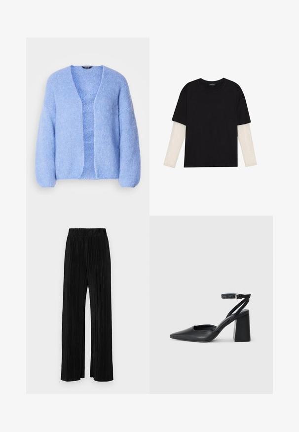 Lindex VANESSA - Chaqueta de punto - light blue; Camiseta negra de algodón, con mangas cortas sobre una capa blanca de manga larga con un patrón texturizado sutil. Diseño de escote redondeado.; Pantalones negros de pliegues con una cintura elástica. Presentan piernas anchas y una tela suave y texturada con rayas verticales.; Zapato de tacón puntiagudo de cuero negro con tira en el tobillo y tacón ancho. Textura plana, diseño elegante y estética minimalista.