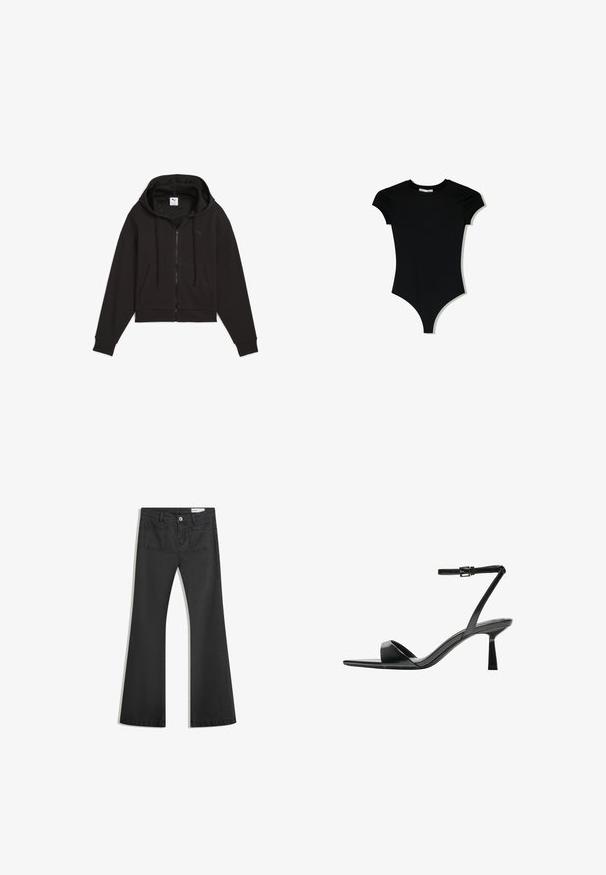 Felpa nera corta con zip frontale, cappuccio con coulisse e tasca frontale. Realizzata in tessuto testurizzato con un sottile dettaglio del logo.; Body corto nero a maniche corte con scollatura tonda e aperture laterali alte, realizzato in un tessuto liscio e elasticizzato.; Jeans neri a campana realizzati in denim con una texture liscia, dotati di due tasche posteriori e chiusura con bottone in vita.; Bershka Sandali con tacco - black
