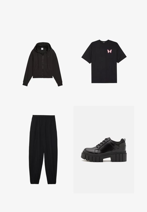Črna skrajšana kapuca z zadrgo spredaj, vrsticami za zategovanje in sprednjim žepom. Narejena iz teksturirane tkanine z diskretnim logotipom.; Črna bombažna majica s kratkimi rokavi, ki ima majhen roza metuljček na levi strani prsnega dela. Majica s krožnim ovratnikom in sproščenim krojem.; Črne, lahke hlače z elastičnim pasom in nabranimi gležnji. Tkanina je gladka in ima sproščen, taperiran dizajn.; Črne usnjene platforme z debelim blokastim petam, okroglo konico in klasičnim vezanjem. Imajo gladko teksturo in minimalne podrobnosti.