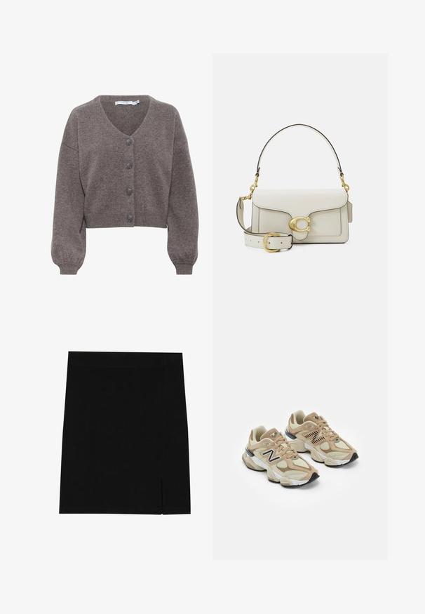 Gestuz MANZI - Kofta - chestnut melange; Vit kortärmad t-shirt i bomull med rund halsringning och avslappnad passform. Slät textur utan synliga mönster eller dekorationer.; Svart mini kjol i mjukt tyg med en åtsittande design, utrustad med en liten slits på sidan för extra detalj.; Beiga sneakers i mesh och mockamaterial. Har en svart logotyp och texturerade detaljer. Tjock vit mellansula och svart gummisula.; Vit läderhandväska med en guldfärgad lås, svarta accenter, en avtagbar axelrem och en strukturerad design med lockstängning.