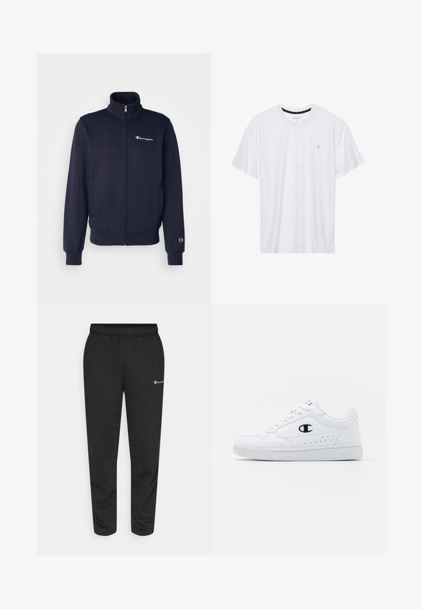 Champion ICONS FULL ZIP COLLAR - Sweatjakke - dark blue; Hvit crewneck t-skjorte laget av bomull, med korte ermer og en liten logo brodert på venstre brystområde. Myk tekstur.; svarte sweatpants laget av en bomullsblanding, med elastisk midjebånd og en liten hvit logo på venstre side. Tapered ben design.; Hvite atletiske joggesko med en glatt syntetisk overdel, svart logo-akcent og perforerte detaljer på siden. Gummisåle.