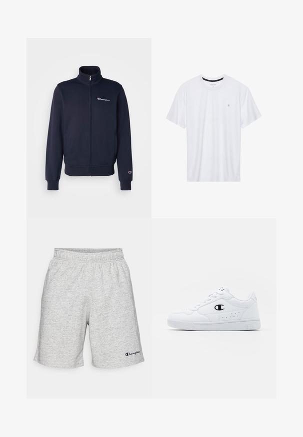 Champion ICONS FULL ZIP COLLAR - Felpa con zip - dark blue; T-shirt bianca a girocollo realizzata in cotone, con maniche corte e un piccolo logo ricamato sulla parte sinistra del petto. Texture morbida.; Pantaloni corti in materiale jersey grigio con vita elasticizzata e logo "Champion" blu navy sul lato sinistro in basso.; Sneakers atletici bianchi con pelle sintetica liscia, accento del logo nero e dettagli perforati sul lato. Suola in gomma.
