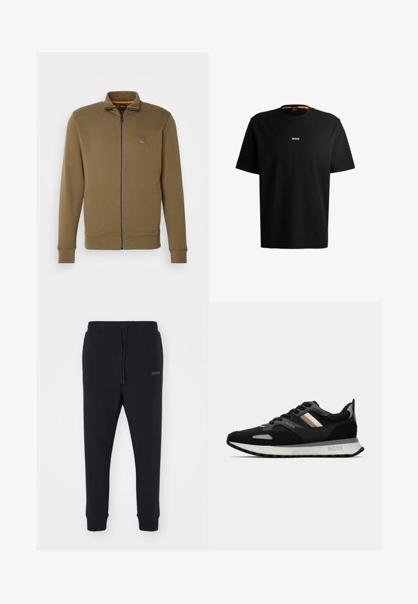 Jaqueta verde-azeitona com fecho de correr, gola alta, punhos canelados e um discreto patch de logo no peito. Tecido liso de peso médio.; T-shirt preta em algodão com gola redonda, mangas curtas e logo branco "BOSS" centrado no peito. Textura suave, corte casual.; Calças de fato pretas feitas de material macio, com uma cintura elástica, cordão e pernas ajustadas. Apresenta um pequeno logotipo de lado.; Shoe de corrida preto com uma superfície texturizada, detalhes cinza claro e três riscas horizontais em castanho. Apresenta uma sola branca acolchoada.