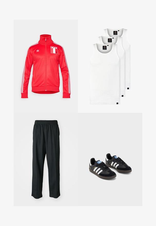 Červená tepláková bunda z hladkej tkaniny, s vysokým golierom, plným zipsom, bielymi pruhmi na rukávoch a emblematom FPP na hrudi.; Tri biele rebrované tielka vyrobené z bavlny. Majú okrúhly výstrih a malé čierne štítky pri leme. Dostupné v rôznych veľkostiach.; Čierne športové nohavice s elastickým pásom, vyrobené z hladkého materiálu, s jemným bočným šitím a voľným strihom, rovný strih.; Čierne tenisky so zvrškom z semišu a syntetického materiálu, s tromi bielymi pruhmi, štruktúrovanou gumovou podrážkou a modrou logovou etiketou na jazyku.