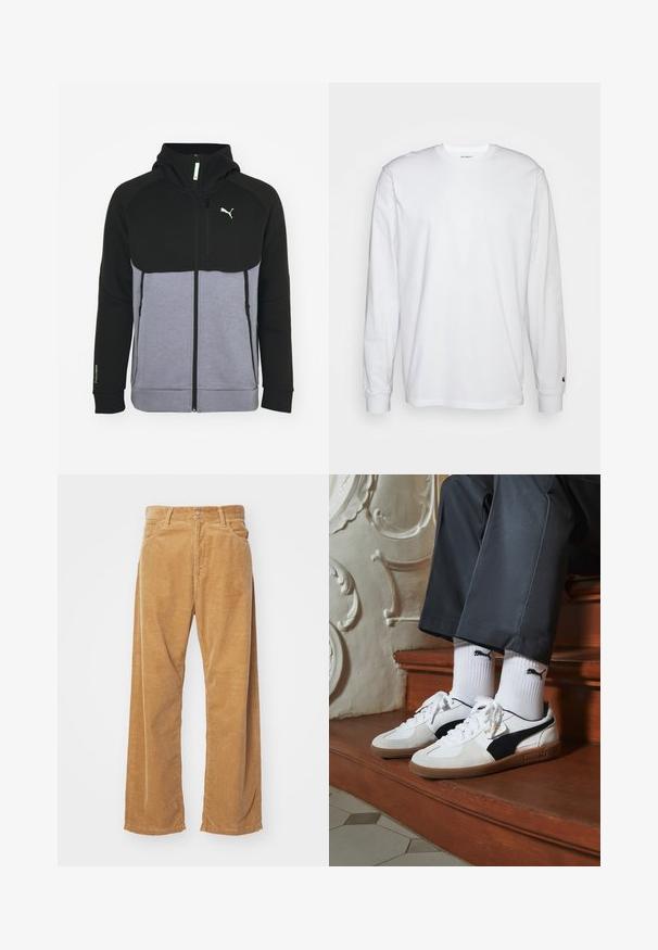 Black and gray hoodie featuring a zip closure, hood, and two side pockets. Made from soft fabric with a green logo accent.; White long-sleeved T-shirt made of cotton. Crew neck design with ribbed cuffs and a small logo on the left sleeve. Smooth texture.; Corduroy wide-leg pants in a tan color. Features textured, vertical ridges, with a standard waistband and two front pockets.; Puma sneakers in white and black suede, featuring a brown rubber sole. Paired with white socks displaying a black logo, worn with dark pants.