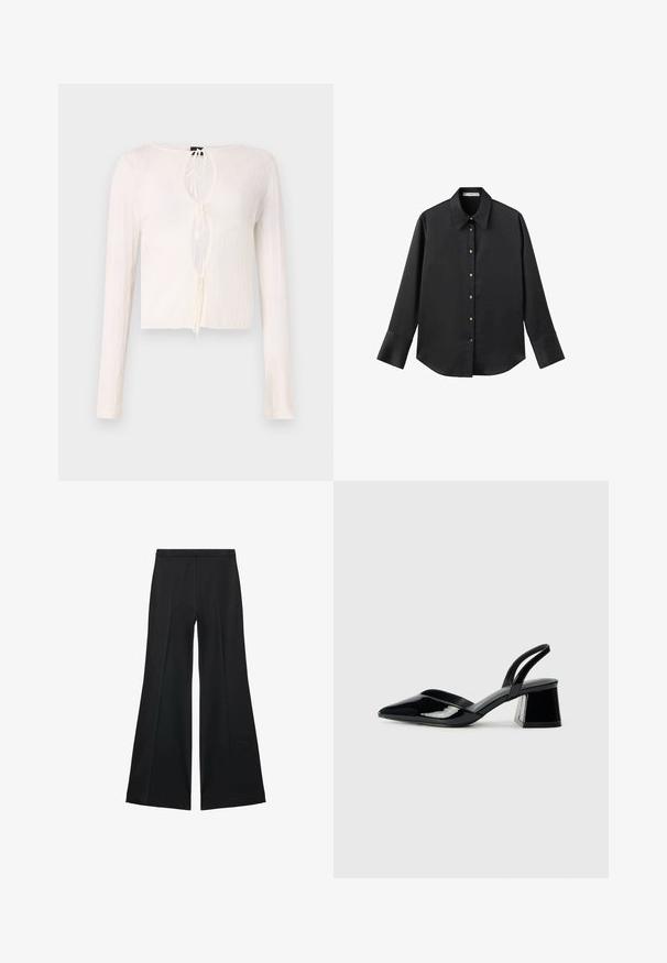 Bijela rebrasta longsleeve majica s dubokim V-izrezom i vezanjem te skraćenim rubom. Tkanina izgleda lagano i blago prozirno.; Crna košulja dugih rukava od glatkog materijala, s klasičnim ovratnikom, prednjim kopčanjem na dugmad u boji zlatne i širokim manžetnama.; Crne široke hlače s glatkom teksturom, koje imaju prednje nabore i kroj po mjeri. Tkanina je lagana i lepršava.; Crne lakirane kožne sandale s otvorenom petom i špicastim vrhom, s geometrijskom blok petom. Imaju elegantan, minimalistički dizajn i glatku teksturu.
