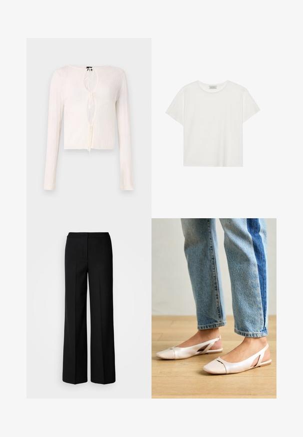 White ribbed longsleeve top featuring a deep V-neck with a tie closure and a cropped hemline. The fabric appears lightweight and slightly sheer.; White short-sleeve T-shirt made of soft cotton. Features a round neckline and relaxed fit. Clean design with no visible patterns or accents.; Black wide-leg trousers with a smooth fabric, featuring a high waist, tailored seams, and a minimalist design. No visible hardware or pockets.; Pale pink slingback flats with a pointed toe, made from a smooth leather-like material. Features cut-out details at the sides and a flat heel.