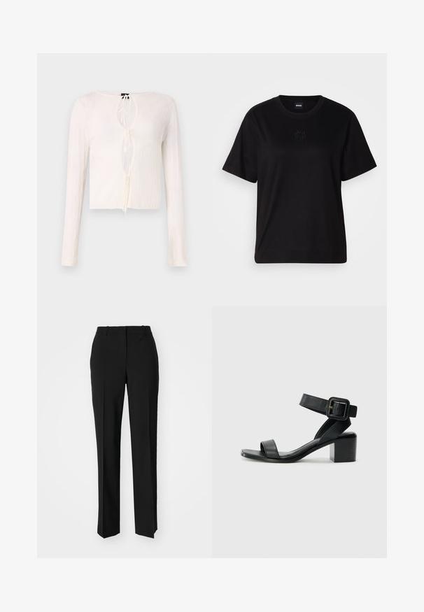 Bela rebrasta majica s dolgimi rokavi, ki ima globok V-izrez z zavezovanjem in kratkim robom. Tkanina se zdi lahka in rahlo prozorna.; Črna bombažna majica s krožnim izrezom, kratkimi rokavi in izvezenim logotipom na prsih. Preprosta, sproščena silhueta brez vzorcev.; Črne krojene hlače s direktnim krojem, ki se ponašajo z gladko teksturo in ostrimi pregibi spredaj. Ni vidne kovine.; Črne usnjene sandale na visoki peti z nastavljivim gležnjanjem, odprto obliko spredaj in kvadratno blok peto. Gladka tekstura, minimalističen slog.