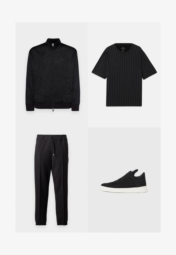 Armani Exchange FELPA - Φούτερ με φερμουάρ - black; Μαύρο t-shirt με υφασμάτινο σχέδιο που εναλλάσσει λογότυπα "A", κοντά μανίκια και στρογγυλή λαιμόκοψη. Κατασκευασμένο από ελαφρύ ύφασμα.; Μαύρο παντελόνι με ζώνη, κορδόνι και ελαστικές μανσέτες. Διαθέτει πτυχώσεις και μαλακό, υφή ύφασμα.; Μαύρο σουέτ αθλητικό παπούτσι με λευκή καουτσούκ σόλα, με τόνο ραφές και σχέδιο με κορδόνια. Λείος υφή με μοντέρνα, αεροδυναμική γραμμή.