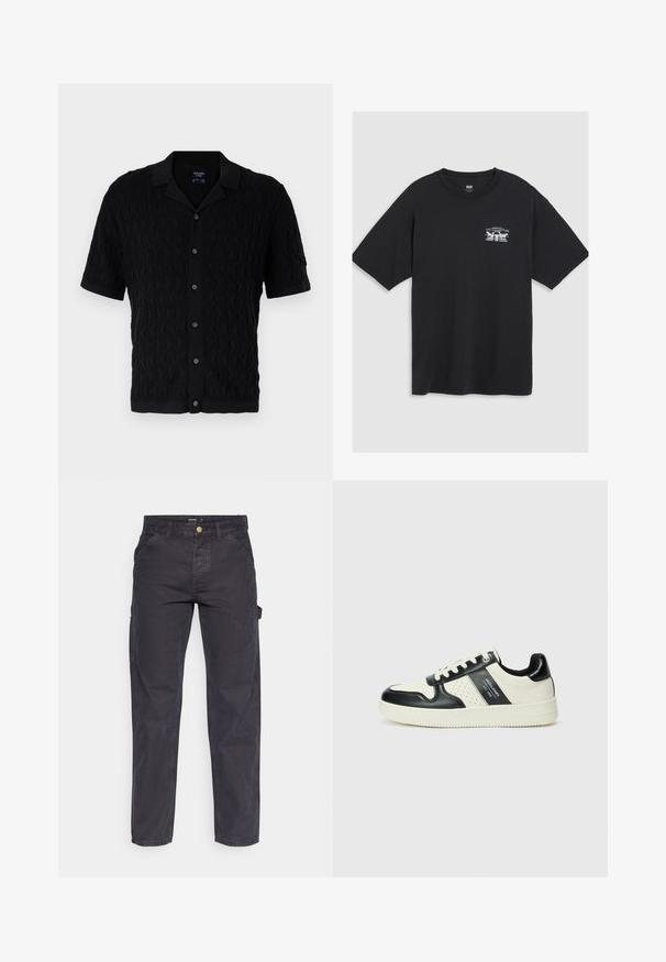 Čierna košeľa s krátkym rukávom so vzorom vlny, s gombíkovým zapínaním a klasickým golierom. Mäkka tkanina s jemným žíhaním na okrajoch.; Čierne bavlnené tričko s krátkymi rukávmi, okrúhlym výstrihom a malým bielym grafickým potlačou na hrudi, ktorá zobrazuje stylizovaný dizajn.; Tmavošedé cargo nohavice vyrobené z odolného materiálu, s rovnými nohavicami, piatimi vreckami a gombíkovým zapínaním v páse.; Kožené tenisky v čierno-krémovej farbe, s perforovanými akcentmi, polstrovaným golierom a štruktúrovanou podrážkou.