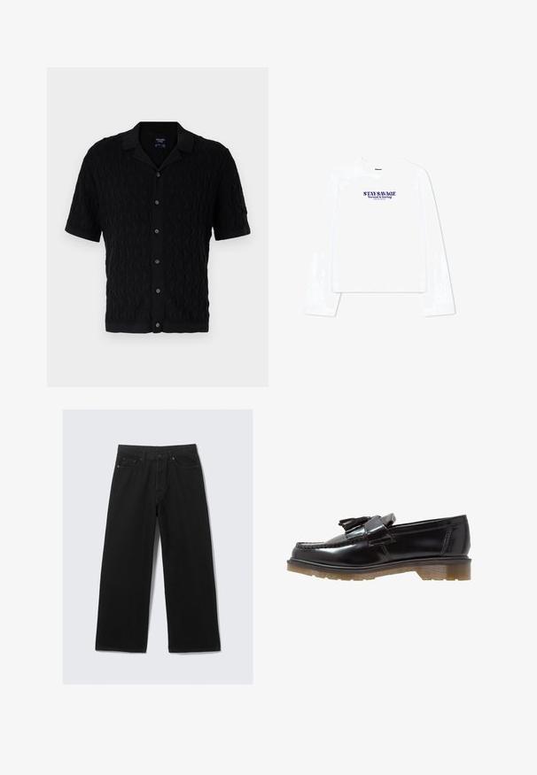 Fekete, rövidujjú ing hullámmintás textúrával, gombos elülső résszel és klasszikus gallérral. Puha anyag, amelyek szélén diszkrét bordázás található.; Fehér, hosszú ujjú póló, amely kerek nyakkivágással és rövidített fazonnal rendelkezik. A lila színű feliraton a következő szöveg olvasható: "MARADJ ELBÍRÁLHATATLAN, a normális unalmas."; Fekete, széles lábú farmernadrág, klasszikus öt zsebes kialakítással és struktúrált derékkal, övhurkokkal.; Fekete lakkbőr loafer cipők fonott dizájnnal, bojtos díszítéssel és tömör, textúrált gumitalppal. Az oldalsó nézet a letisztult sziluettet mutatja be.