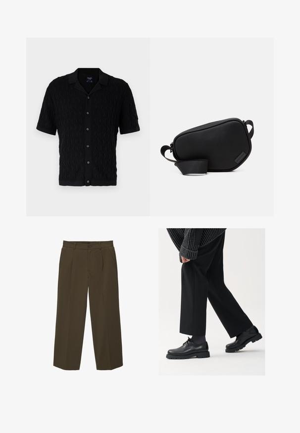 Black short-sleeve shirt with a wave-pattern texture, button front, and a classic collar. Soft fabric with subtle ribbing on edges.; White cotton t-shirt with short sleeves, crew neckline, and a relaxed fit. Smooth texture with no visible patterns or accents.; Brown, loose-fit trousers made of soft fabric with a flat front, side pockets, and a button closure at the waist. Plain design with no patterns.; Black leather shoes with a rounded toe, lace-up design, and thick, textured sole. Worn with tailored black trousers and a ribbed sweater.; Black, zippered crossbody bag made of smooth material, featuring a flat shape, a single strap, and a small logo accent. Minimalist design.