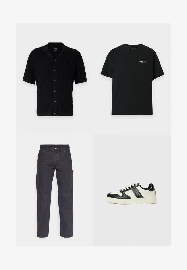 Fekete, rövidujjú ing hullámmintás textúrával, gombos elülső résszel és klasszikus gallérral. Puha anyag, amelyek szélén diszkrét bordázás található.; Fekete pamut póló rövid ujjal, kerek nyakkal, és kis fehér szöveges logóval a bal felső mellen. Simaszerkezetű, laza szabású.; Sötétszürke cargo nadrág tartós anyagból, egyenes szárú fazonnal, öt zsebbel és gombos derékzárral.; Fekete és krém színű bőrsneaker, perforált díszítésekkel, párnázott bokapánttal és texturált talppal.