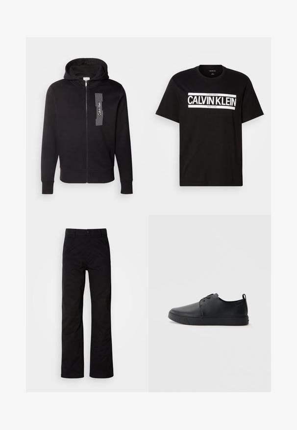 Calvin Klein HORIZONTAL LOGO ZIP THRU HOODIE - Užtrauktuku užsegamas treningas - black; Juodas trumpomis rankovėmis marškinėliai su baltu "CALVIN KLEIN NEW YORK" logotipu, centruotu ant krūtinės, apvaliu iškirpimu ir vidiniu etiketės dydžiu M apykaklėje.; Juodi medvilniniai kelnių su tiesia koja dizainu, turintys sagos uždarymą ir diržo kilpas. Lygus tekstūra ir minimalistiškas stilius be matomų raštų.; Juodos odinės sportinės bateliai su lygiu paviršium, suapvalinta nosimi, toniniais siūlais, raištelių užsegimu priekyje ir plokščiu guminiu padu. Kilpelė ant kulno.