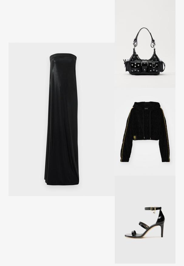 Hanorac negru scurt cu logo-ul embosat 'Versace', dungi galbene pe mâneci și accente din metal auriu. Textură moale de catifea.; Rochie maxi neagră, fără bretele, realizată dintr-un material neted și lucios. Prezintă un corset ajustat și o siluetă fluidă, atingând podeaua fără împodobiri.; Sandale negre din piele lacuită, cu trei curele, cataramă la glezna și toc stiletto de 10 cm. Prezintă detalii din metal auriu și un charm cu logo.; Geantă de piele neagră cu un design curbat, dotată cu studuri argintii, o cataramă și două buzunare laterale. Curea ajustabilă pentru opțiuni de transport.