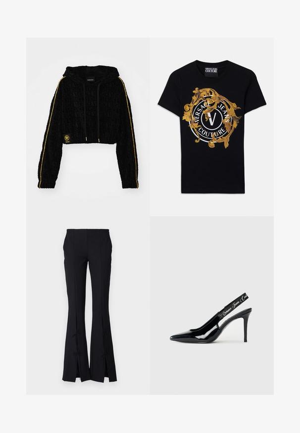 Hoodie preto recortado com o logótipo 'Versace' em relevo, riscas amarelas nas mangas e detalhes em dourado. Textura suave de veludo.; T-shirt de manga curta preta da Versace Jeans Couture com design barroco dourado e logotipo circular branco centralizado na parte da frente.; Calças pretas de corte amplo feitas de um tecido liso, apresentando fendas na bainha atadas com laços para um detalhe adicional.; Salto slingback em pele envernizada preta com design de bico fino, apresentando uma seção recortada e uma correia elástica embutida com o nome da marca.