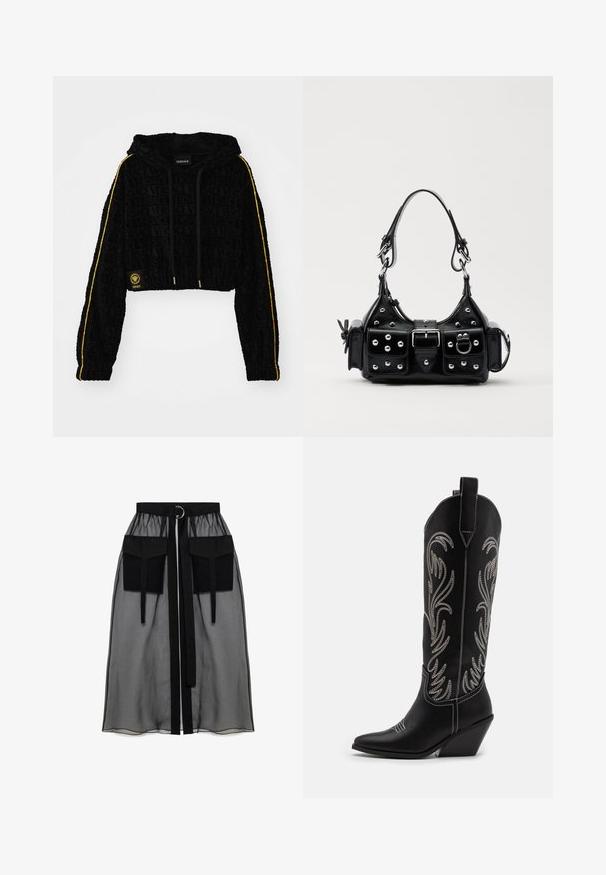 Rövidített fekete kapucnis pulóver, domború 'Versace' logóval, sárga csíkokkal az ujjakon és arany színű kiegészítőkkel. Puha bársonyos textúra.; Fekete, hosszúujjú felső áttetsző anyagból, kerek nyakkivágással, elöl gombos záródással és hullámos szegéllyel a mandzsettákon.; Fekete áttetsző szoknya ráncolt derékrésszel, két nagy elülső zsebbel, derékpánttal és kör alakú fém díszítéssel.; Fekete bőr cowboy csizmák hegyes orral, wedge sarkakkal és ezüst hímzett virágmintákkal a szár mentén. Kontraszt varrás az egész csizmán.; Fekete bőr kézitáska ívelt designnal, ezüst szegecsekkel, csattal és két oldalsó zsebbel. Állítható vállpánt a hordozási lehetőségekhez.