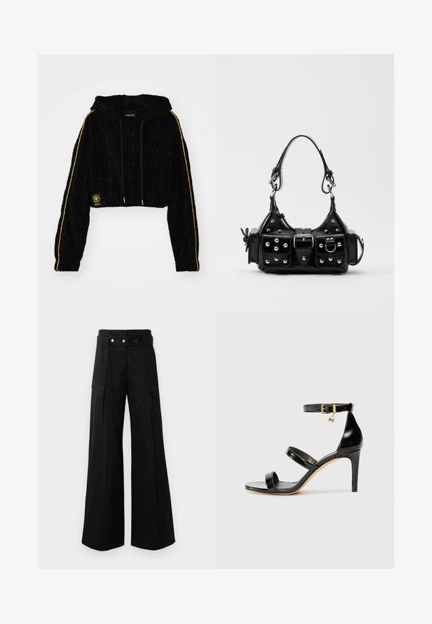 Felpa nera tagliata con logo 'Versace' in rilievo, strisce gialle lungo le maniche e dettagli in hardware dorato. Morbido texture in velluto.; Body nero a maniche lunghe con drappeggio arricciato asimmetrico sulla parte anteriore e chiusure a pressione all'inguine.; Pantaloni neri a gamba larga con vita alta, dotati di ampie tasche laterali, due bottoni frontali e un dettaglio a anello. Realizzati in un tessuto resistente.; Sandalo in pelle verniciata nera con tre cinturini, fibbia alla caviglia e tacco a stiletto di 10 cm. Presenta dettagli in hardware dorato e un charm con logo.; Borsa a mano in pelle nera con design curvo, caratterizzata da borchie argentate, una fibbia e due tasche laterali. Tracolla regolabile per diverse opzioni di trasporto.