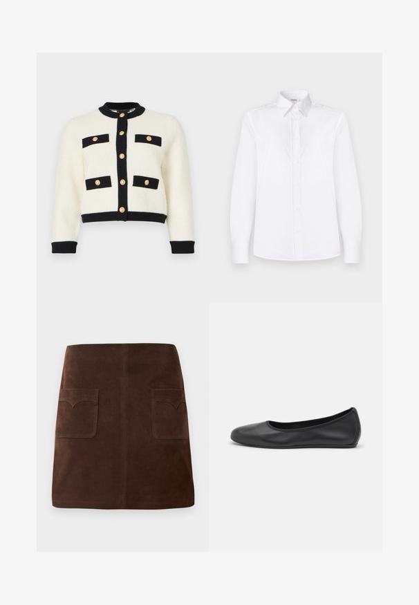 Cardigan court en ivoire en maille texturée, avec des finitions noires, deux poches avant avec des rabats noirs, et des boutons dorés sur le devant.; Chemise blanche à manches longues en tissu lisse, avec un col et un devant à boutons ornés de petits boutons rose pâle.; Jupe en suède marron présentant une silhouette A-line classique, deux poches avant avec des rabats arrondis et des détails de couture discrets.; Ballerines en cuir noir avec un bout rond, texture lisse, détails de couture minimalistes et design de semelle flexible.